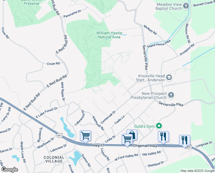 map of restaurants, bars, coffee shops, grocery stores, and more near 6009 Crisp Lane in Knoxville