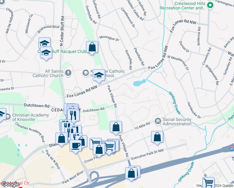 map of restaurants, bars, coffee shops, grocery stores, and more near 9145 Cedarpark Lane Northwest in Knoxville
