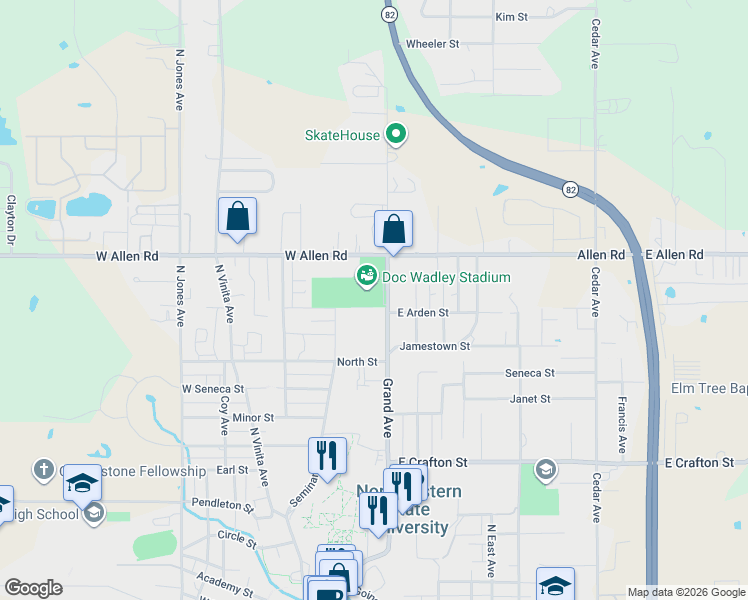 map of restaurants, bars, coffee shops, grocery stores, and more near 1487 North Grand Avenue in Tahlequah