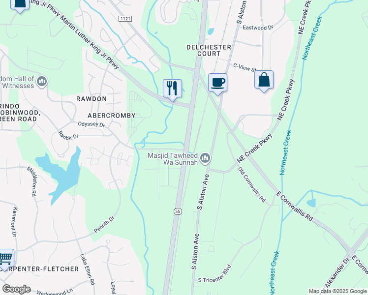 map of restaurants, bars, coffee shops, grocery stores, and more near 1498 Odyssey Dr in Durham