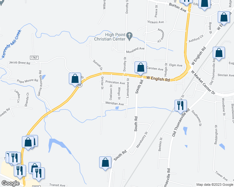 map of restaurants, bars, coffee shops, grocery stores, and more near 331 Wingo Street in High Point