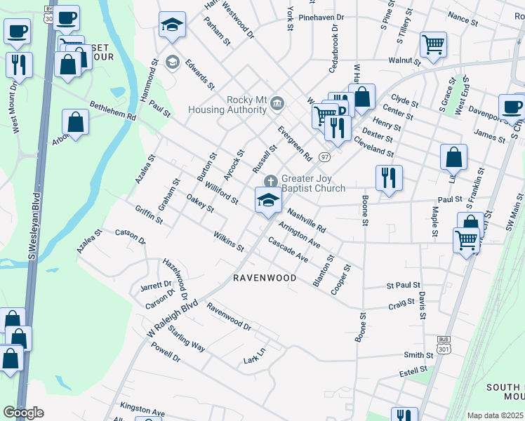 map of restaurants, bars, coffee shops, grocery stores, and more near 816 Williford Street in Rocky Mount