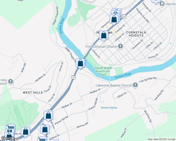 map of restaurants, bars, coffee shops, grocery stores, and more near 198 Trail End Lane in Harriman