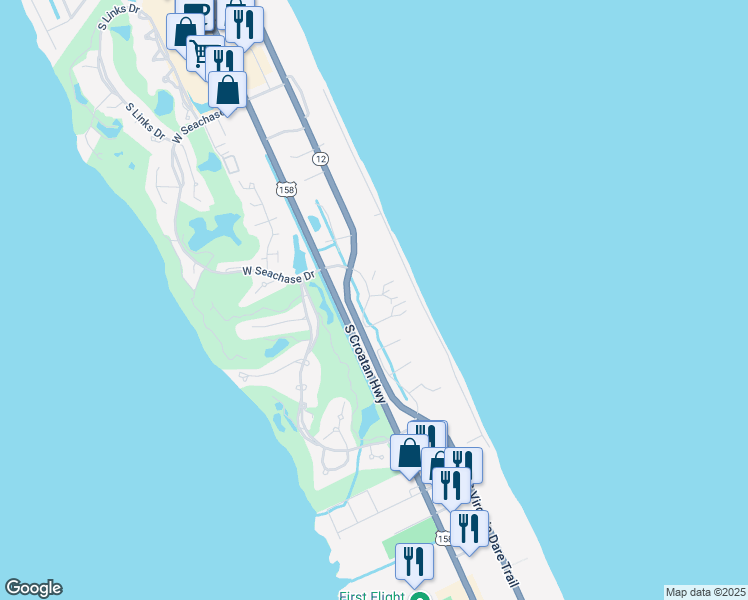 map of restaurants, bars, coffee shops, grocery stores, and more near 5900 South Seachase Drive in Nags Head