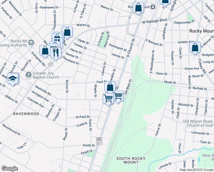 map of restaurants, bars, coffee shops, grocery stores, and more near 1312 South Franklin Street in Rocky Mount