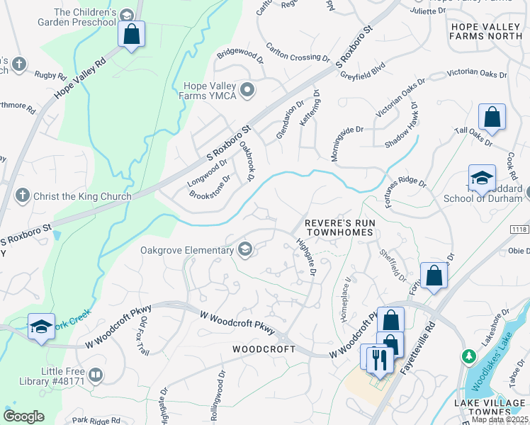 map of restaurants, bars, coffee shops, grocery stores, and more near 100 North Lochridge Drive in Durham