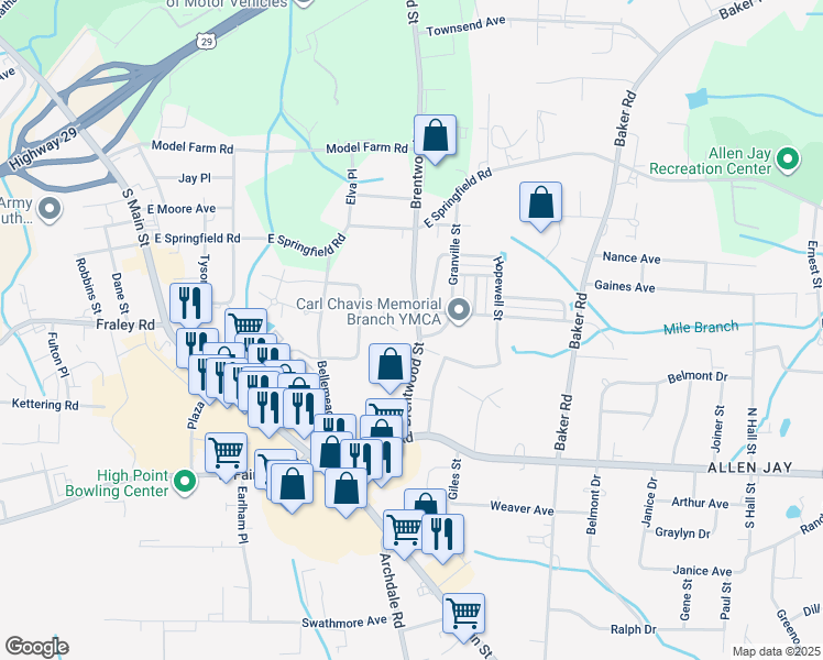 map of restaurants, bars, coffee shops, grocery stores, and more near 2346 Brentwood Street in High Point