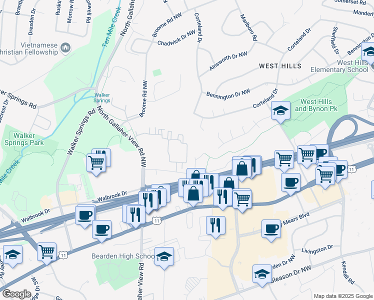 map of restaurants, bars, coffee shops, grocery stores, and more near 8351 Block House Way in Knoxville