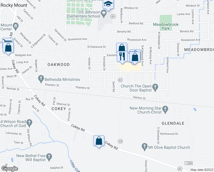 map of restaurants, bars, coffee shops, grocery stores, and more near 1404 Planters Street in Rocky Mount