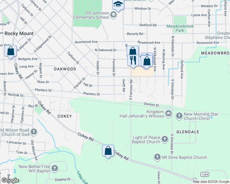 map of restaurants, bars, coffee shops, grocery stores, and more near 1405 Planters Street in Rocky Mount