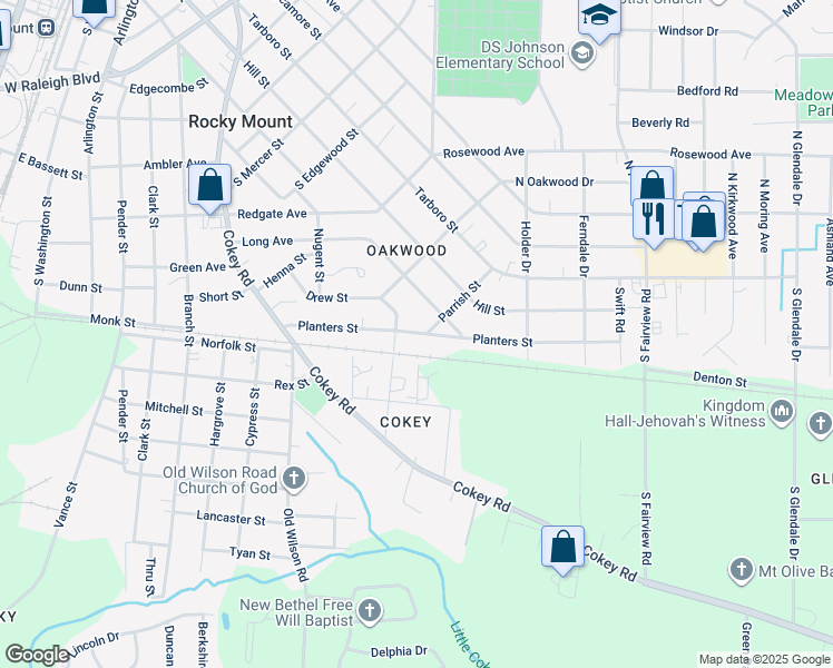 map of restaurants, bars, coffee shops, grocery stores, and more near 901 Planters Street in Rocky Mount