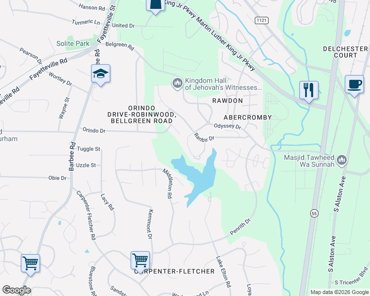 map of restaurants, bars, coffee shops, grocery stores, and more near 3688 Sugar Tree Place in Durham