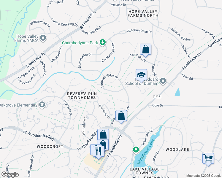 map of restaurants, bars, coffee shops, grocery stores, and more near 4903 Fortunes Ridge Drive in Durham