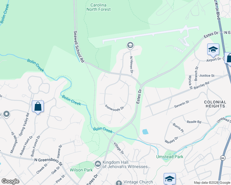 map of restaurants, bars, coffee shops, grocery stores, and more near 116 Hampshire Place in Chapel Hill