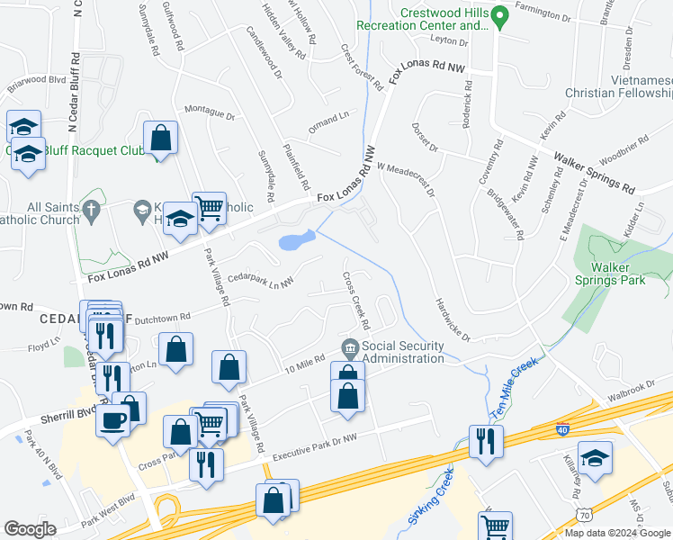 map of restaurants, bars, coffee shops, grocery stores, and more near 502 Cedartop Lane Northwest in Knoxville