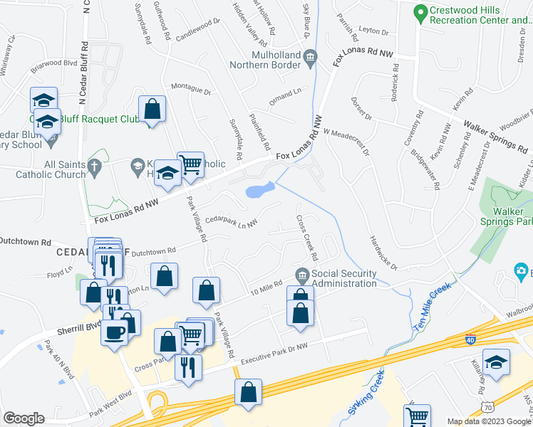 map of restaurants, bars, coffee shops, grocery stores, and more near 9120 Cedarpark Lane Northwest in Knoxville