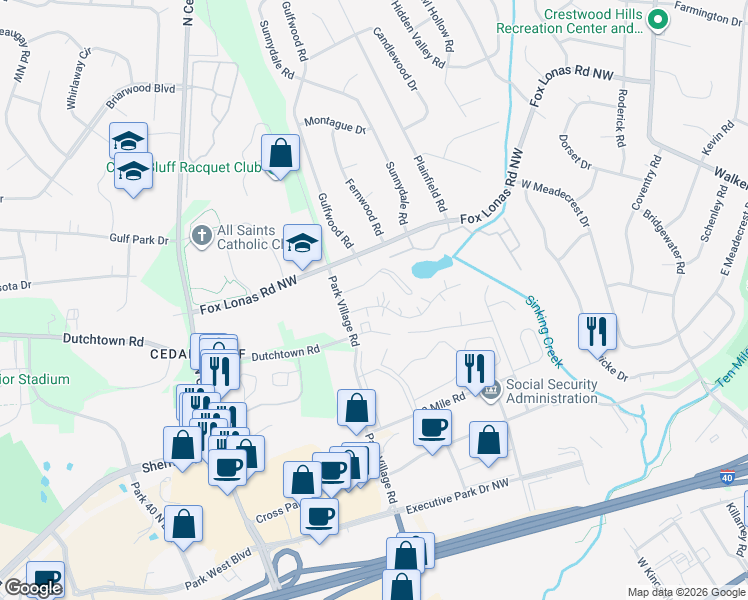 map of restaurants, bars, coffee shops, grocery stores, and more near 9145 Cedarpark Lane Northwest in Knoxville