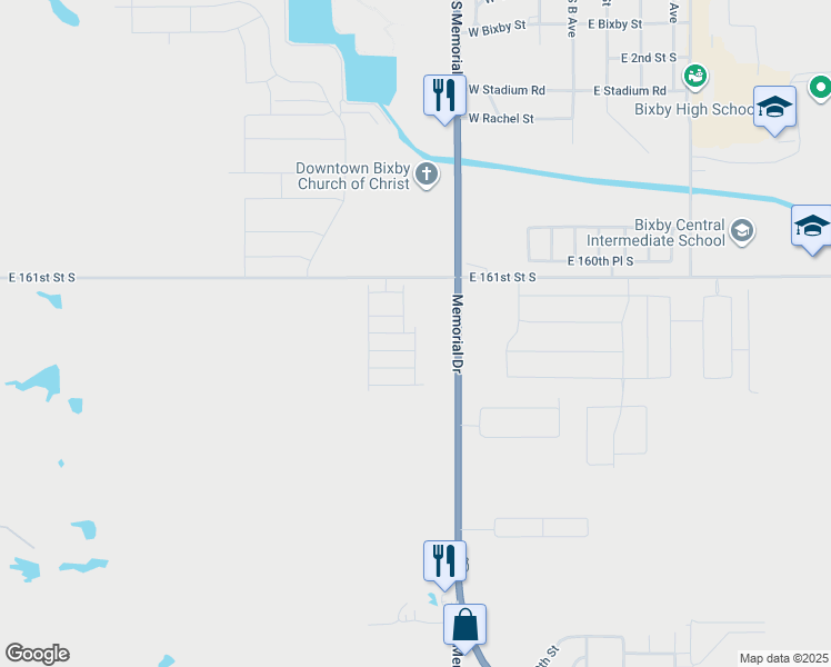 map of restaurants, bars, coffee shops, grocery stores, and more near 16110-16204 South Memorial Drive in Bixby