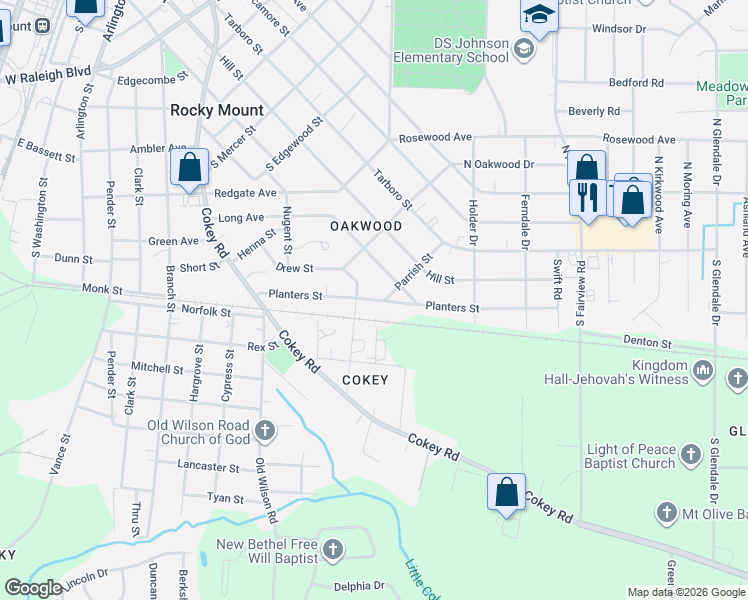 map of restaurants, bars, coffee shops, grocery stores, and more near 901 Planters Street in Rocky Mount