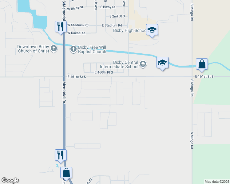 map of restaurants, bars, coffee shops, grocery stores, and more near 8498-8698 East 161st Street South in Bixby