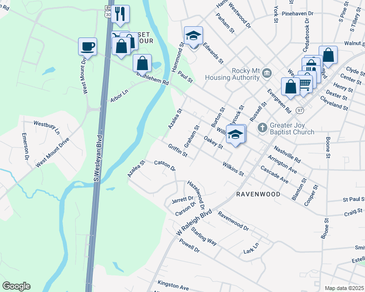 map of restaurants, bars, coffee shops, grocery stores, and more near 1712 Graham Street in Rocky Mount
