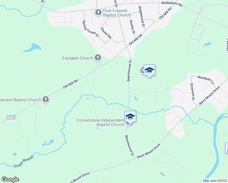 map of restaurants, bars, coffee shops, grocery stores, and more near 1417 Old Mill Road in Rocky Mount