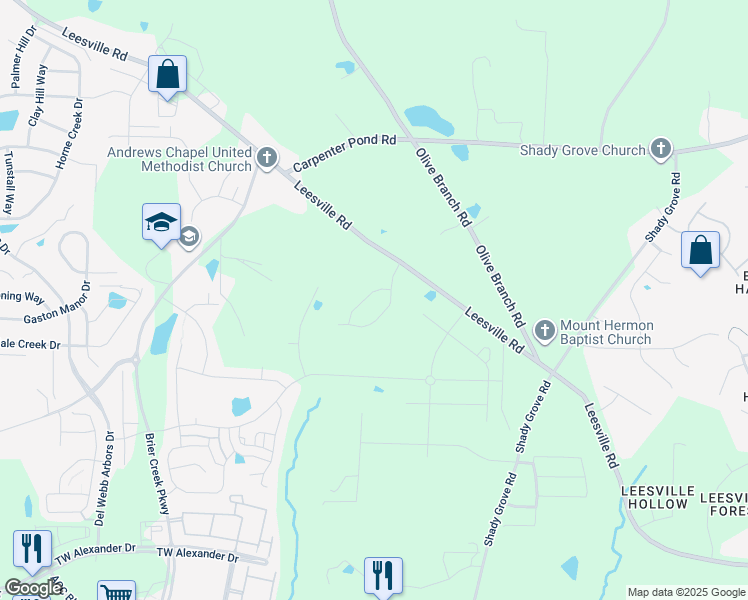 map of restaurants, bars, coffee shops, grocery stores, and more near 1021 Climbing Aster Drive in Durham