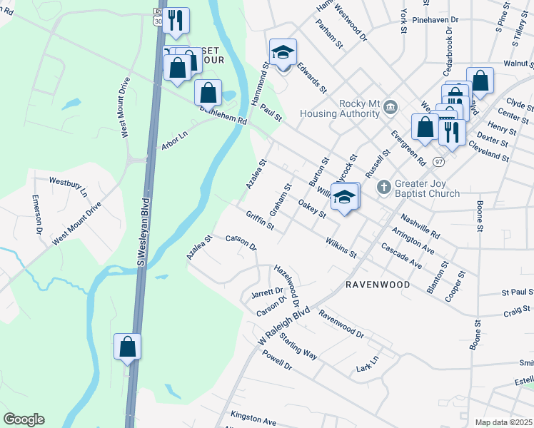map of restaurants, bars, coffee shops, grocery stores, and more near 1712 Graham Street in Rocky Mount
