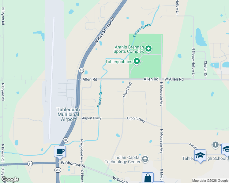 map of restaurants, bars, coffee shops, grocery stores, and more near 1047 West Allen Road in Tahlequah
