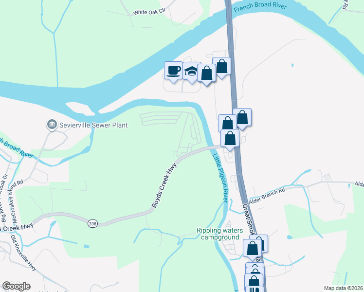 map of restaurants, bars, coffee shops, grocery stores, and more near 4280 Boyds Creek Highway in Sevierville