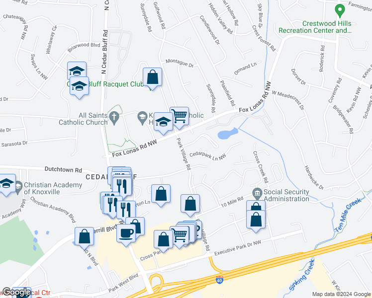 map of restaurants, bars, coffee shops, grocery stores, and more near 9128 Woodpark Lane Northwest in Knoxville