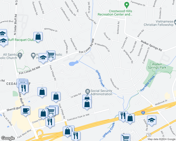 map of restaurants, bars, coffee shops, grocery stores, and more near 504 Cross Creek Road in Knoxville