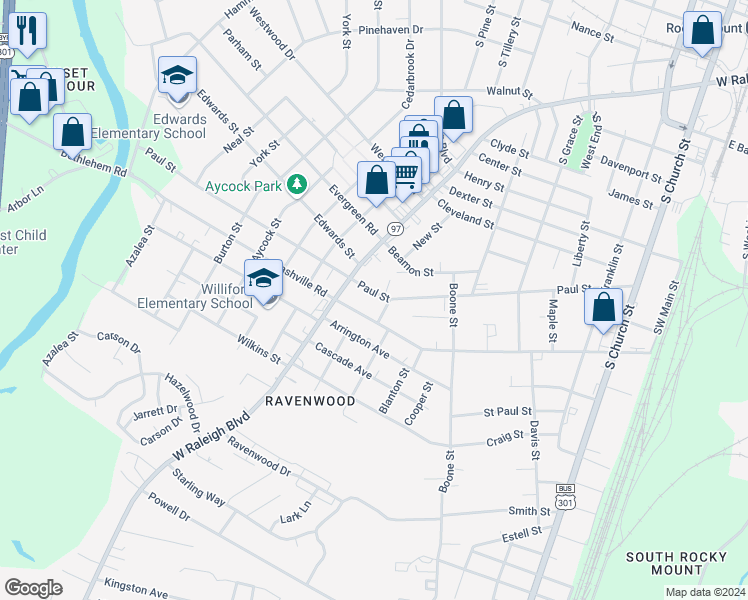 map of restaurants, bars, coffee shops, grocery stores, and more near 659 Paul Street in Rocky Mount