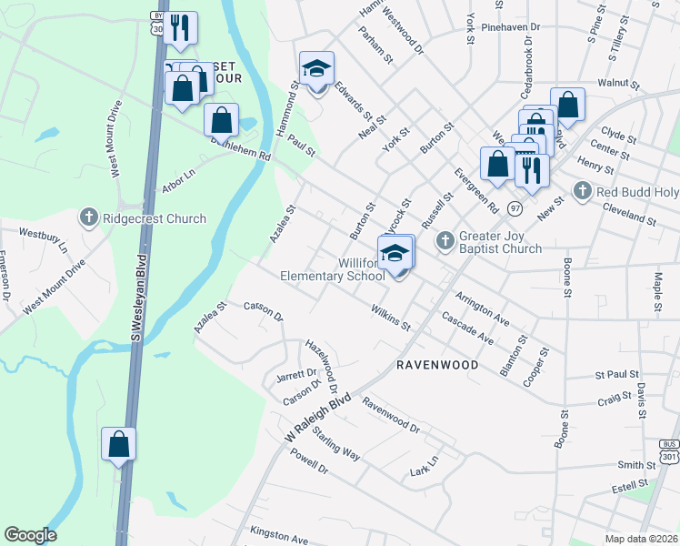 map of restaurants, bars, coffee shops, grocery stores, and more near 1013-1099 Wilkins Street in Rocky Mount
