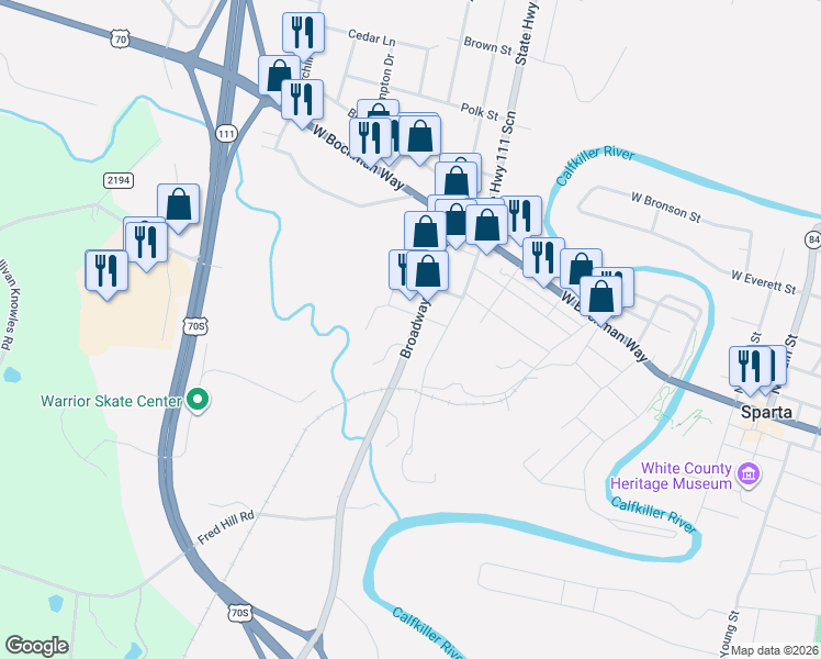 map of restaurants, bars, coffee shops, grocery stores, and more near 115 Mayberry Street in Sparta