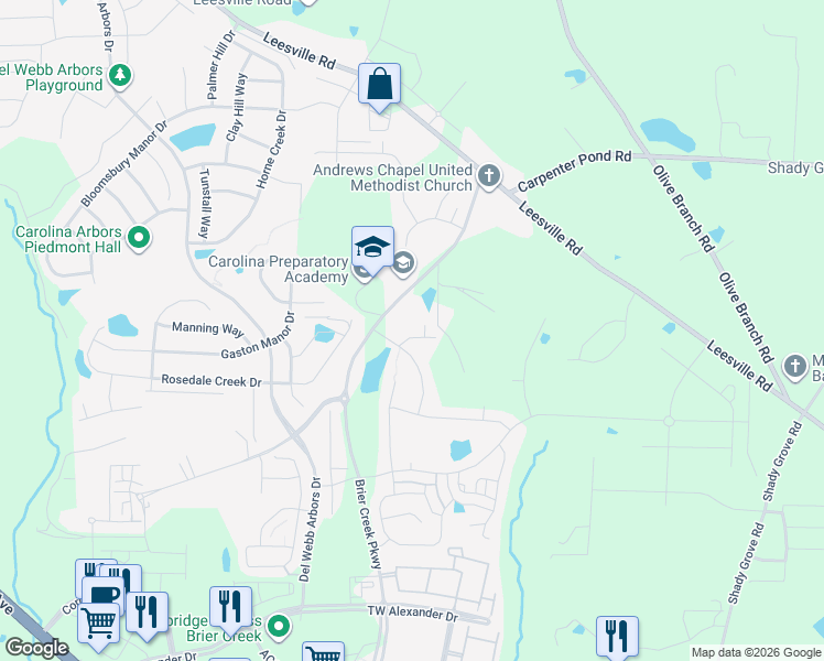 map of restaurants, bars, coffee shops, grocery stores, and more near 1004 Meadow Pond Drive in Durham