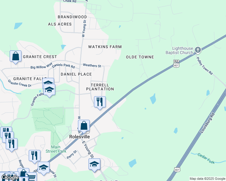 map of restaurants, bars, coffee shops, grocery stores, and more near 403 N Main St in Rolesville