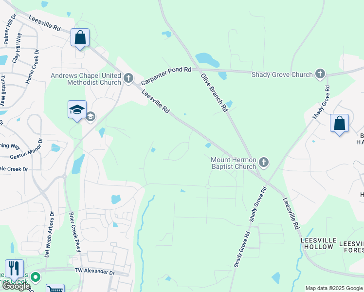 map of restaurants, bars, coffee shops, grocery stores, and more near 1017 Climbing Aster Drive in Durham