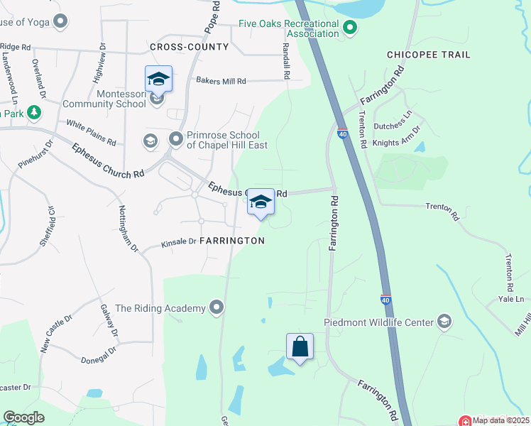 map of restaurants, bars, coffee shops, grocery stores, and more near 5321 Ephesus Church Road in Durham
