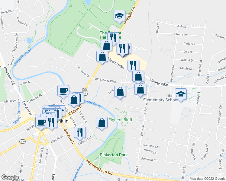 map of restaurants, bars, coffee shops, grocery stores, and more near 110b Daniels Drive in Franklin