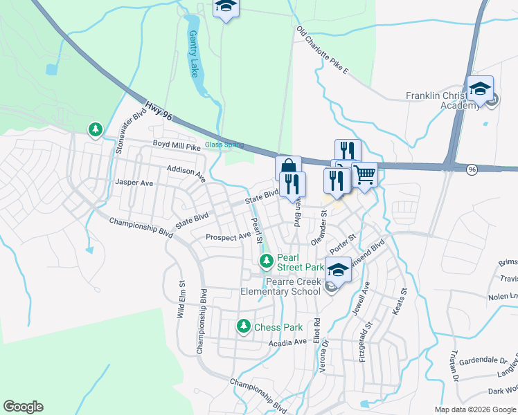 map of restaurants, bars, coffee shops, grocery stores, and more near 96 Pearl Street in Franklin