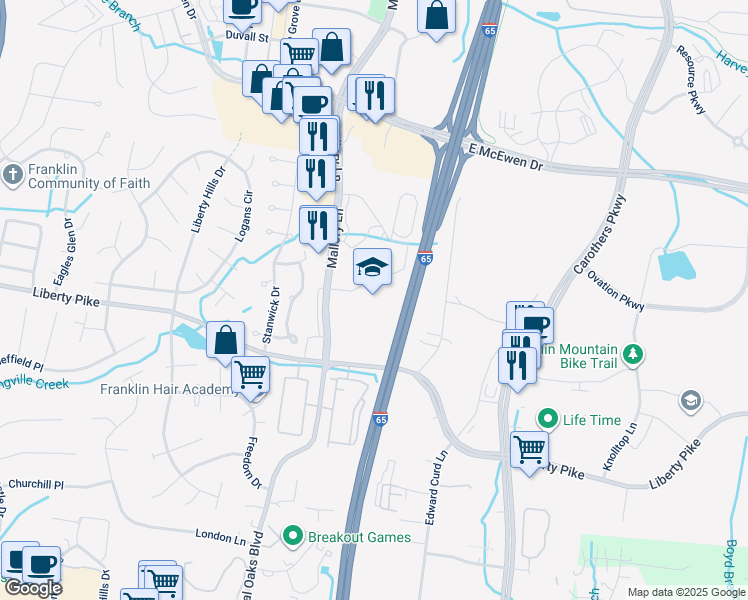 map of restaurants, bars, coffee shops, grocery stores, and more near 5050 Mallory Lane in Franklin