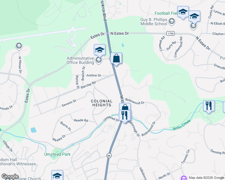 map of restaurants, bars, coffee shops, grocery stores, and more near 728 Williams Circle in Chapel Hill