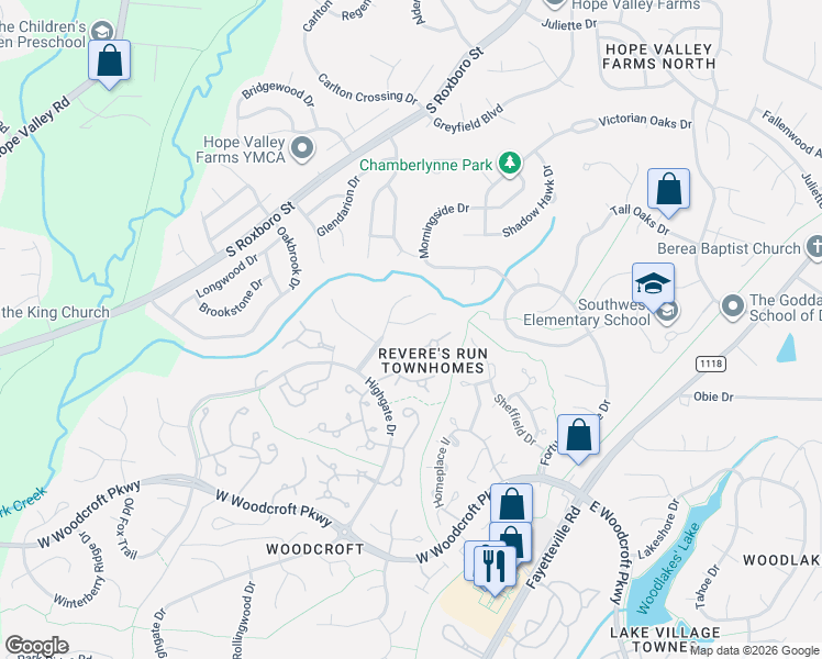 map of restaurants, bars, coffee shops, grocery stores, and more near 3863 Highgate Drive in Durham