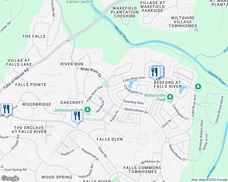 map of restaurants, bars, coffee shops, grocery stores, and more near 10420 Bedfordtown Drive in Raleigh