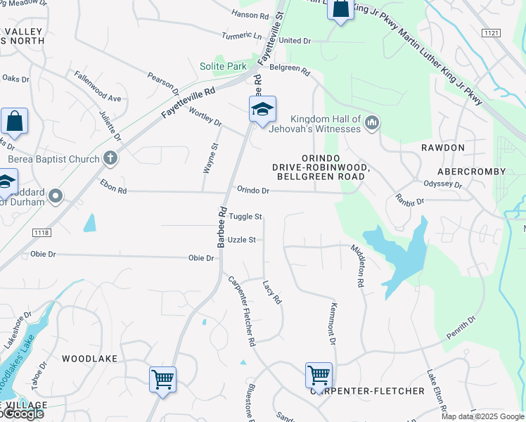 map of restaurants, bars, coffee shops, grocery stores, and more near 524 Tuggle Street in Durham