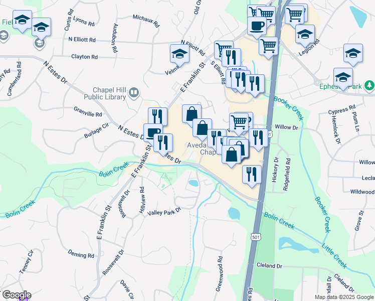 map of restaurants, bars, coffee shops, grocery stores, and more near in Chapel Hill