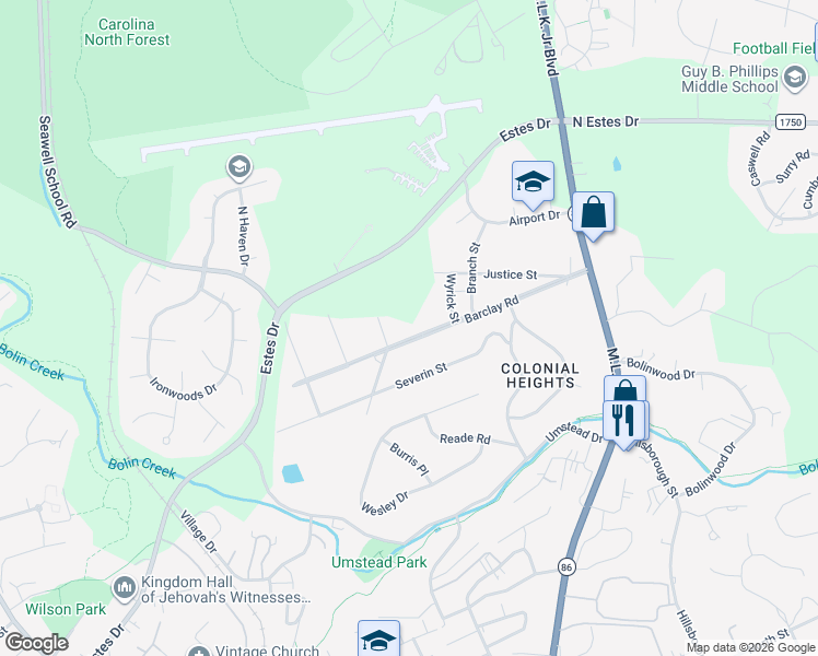 map of restaurants, bars, coffee shops, grocery stores, and more near 227 Barclay Road in Chapel Hill