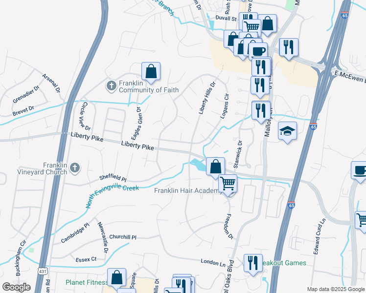 map of restaurants, bars, coffee shops, grocery stores, and more near 1019 Liberty Pike in Franklin