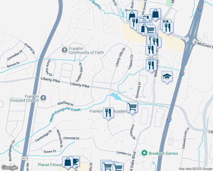 map of restaurants, bars, coffee shops, grocery stores, and more near 1019 Liberty Pike in Franklin